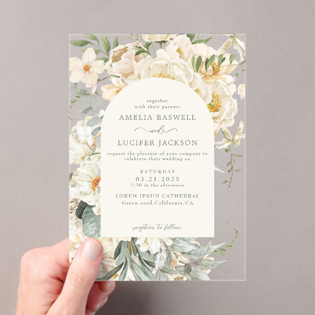 Formal Sage Green with Ivory floral Garden Wedding Acrylic Invitations (Insitu (Handheld))