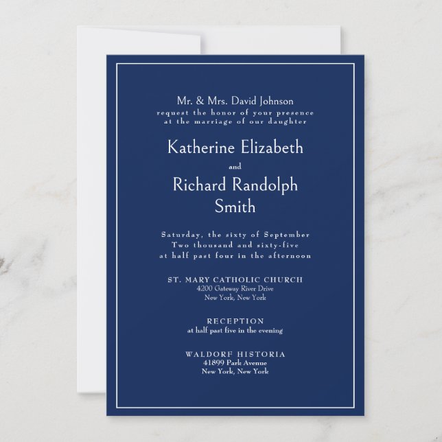 Formal Sapphire Blue Wedding Bride Parents  Invitation (Front)