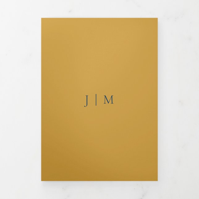 Formal Satin Gold Navy Modern Wedding Tri-Fold Card (Cover)