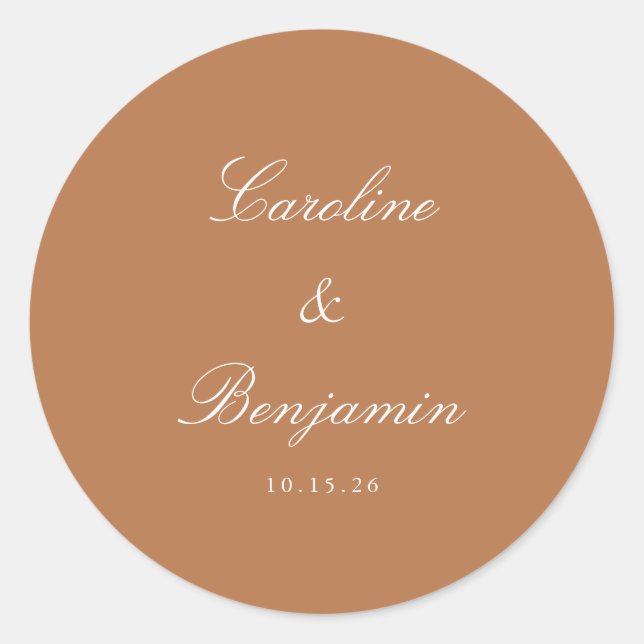 Formal Script Elegant Wedding Custom Terracotta Classic Round Sticker (Front)