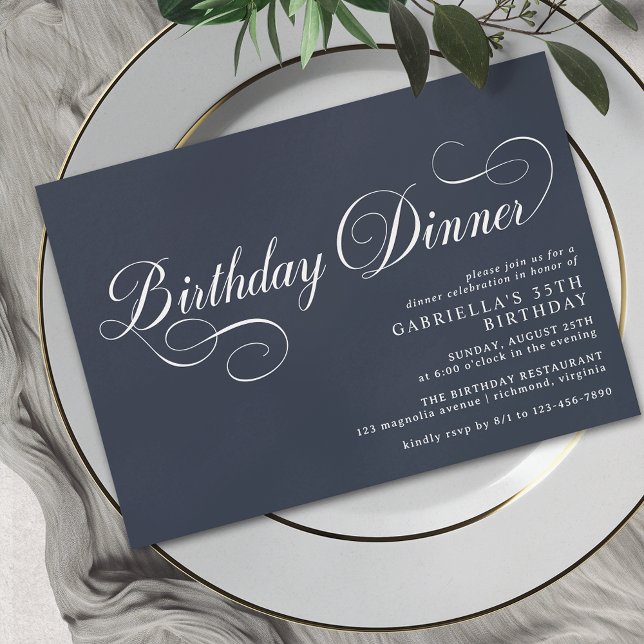 Formal Script | Modern Navy Blue Birthday Dinner Invitation (Creator Uploaded)