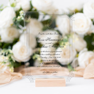 Formal Script w/ Geometric Frame Monogram Wedding Acrylic Invitations