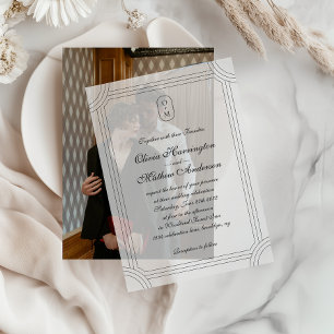 Formal Script w/ Geometric Frame Monogram Wedding Vellum Invitations