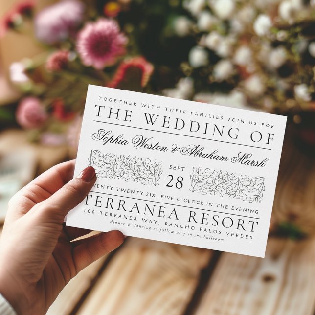 Formal Scrolling Leaves Black and White Wedding Invitation (Creator Uploaded)