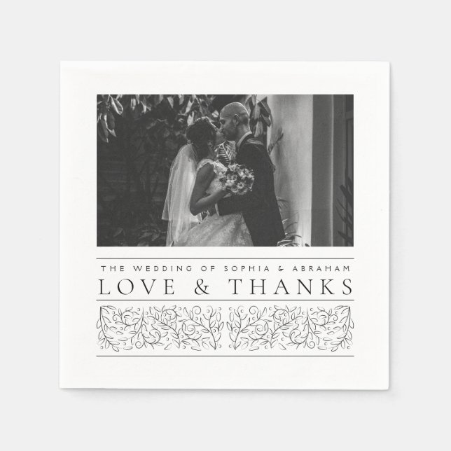 Formal Scrolling Leaves Black White Wedding Photo Napkin (Front)