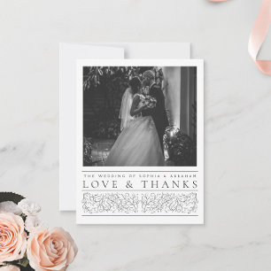 Formal Scrolling Leaves Black White Wedding Photo Thank You Card