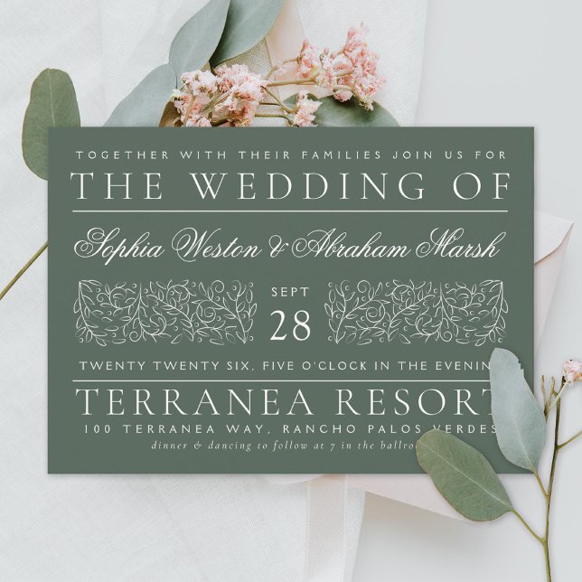 Formal Scrolling Leaves Dark Green Wedding Invitation (Creator Uploaded)