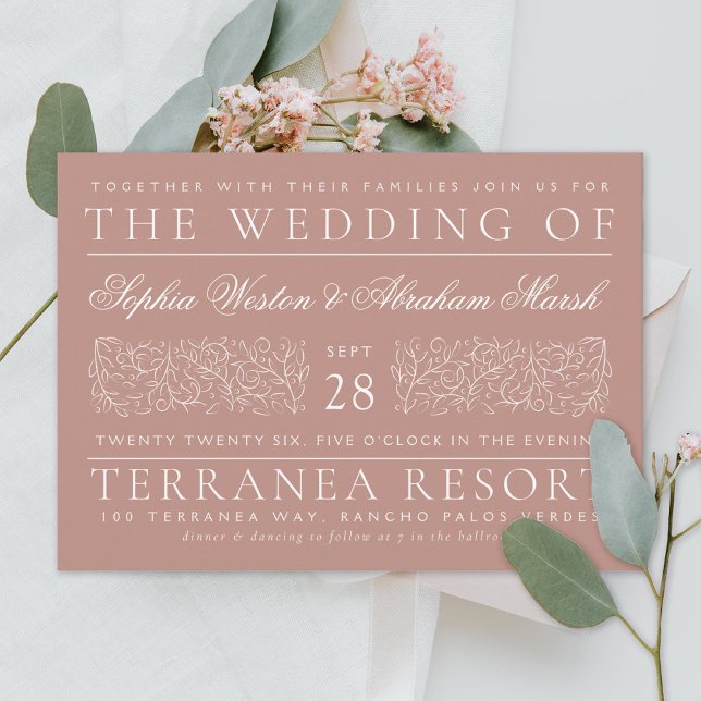 Formal Scrolling Leaves Dusty Rose Wedding Invitation (Creator Uploaded)