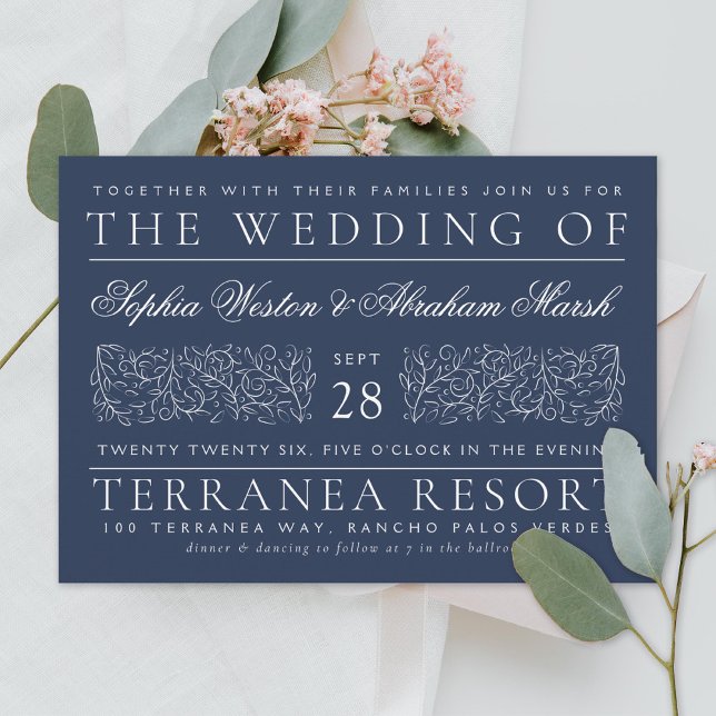 Formal Scrolling Leaves Navy Blue Wedding Invitation (Creator Uploaded)