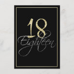 Formal Silver Black and Gold 18th Birthday Party Invitation<br><div class="desc">Formal Silver Black and Gold 18th Birthday Party Invitation. These formal, stylish invitations have the number "18" in sparkling gold headline and the word "eighteen" overlapping in cursive silver script, both on a smart black background with an elegant gold gradient border. Select "customise it" to start personalising your eighteenth birthday...</div>