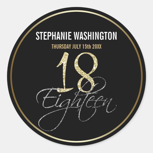Formal Silver, Black & Gold 18th Birthday Party Classic Round Sticker (Front)