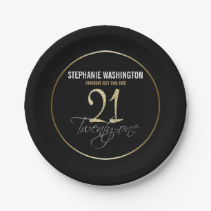 Formal Silver, Black & Gold 21st Birthday Paper Plate