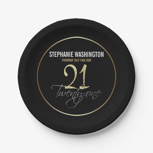 Formal Silver, Black & Gold 21st Birthday Paper Plate (Front)