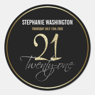 Formal Silver, Black & Gold 21st Birthday Party Classic Round Sticker
