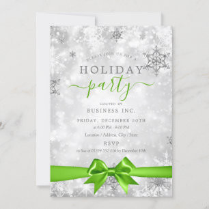 Formal Silver Ribbon Corporate Holiday Party Green Invitation