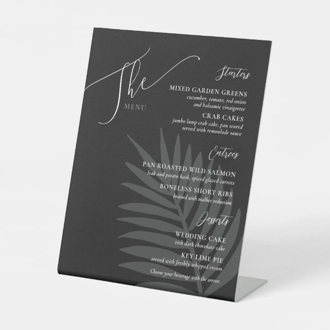 Formal Simple Wedding Menu Black White Grey Pedestal Sign (Front)
