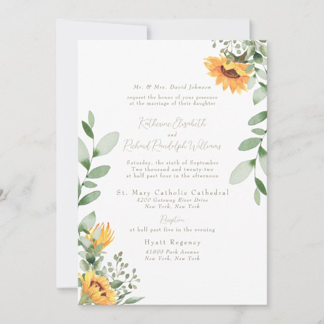 Formal Sunflower Wedding Bride Parents Gold Text Invitation (Front)