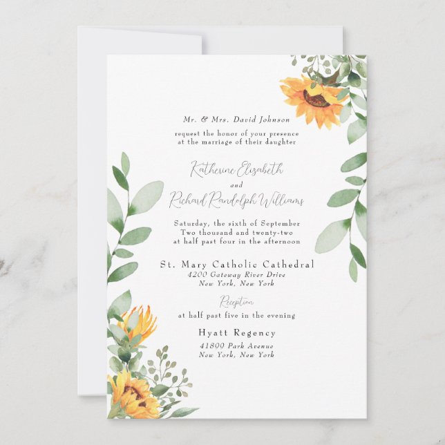 Formal Sunflower Wedding Bride Parents Listed Invitation (Front)