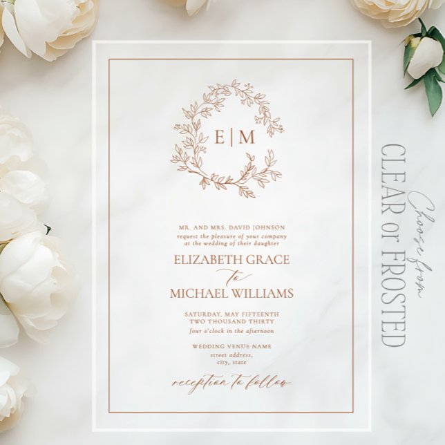 Formal Terracotta Leafy Crest Monogram Wedding Acrylic Invitations (Creator Uploaded)