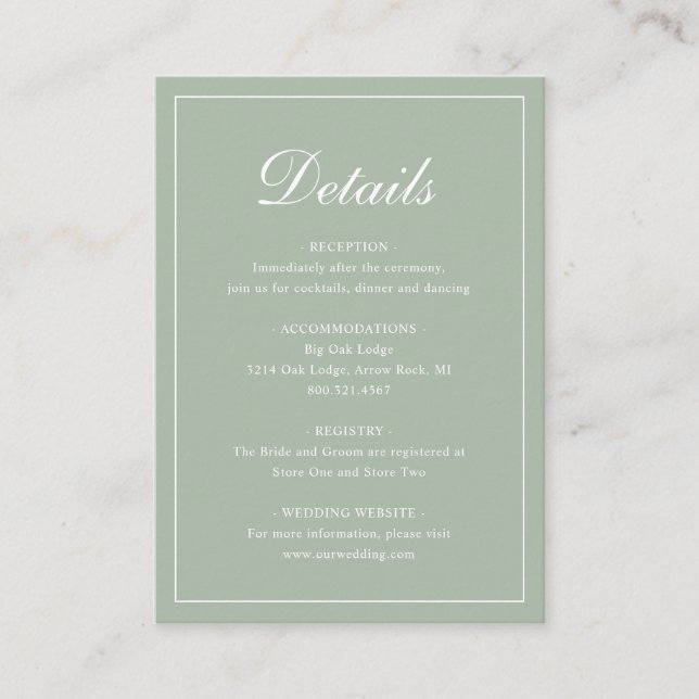 Formal Traditional Elegant Sage Green Wedding Enclosure Card (Front)