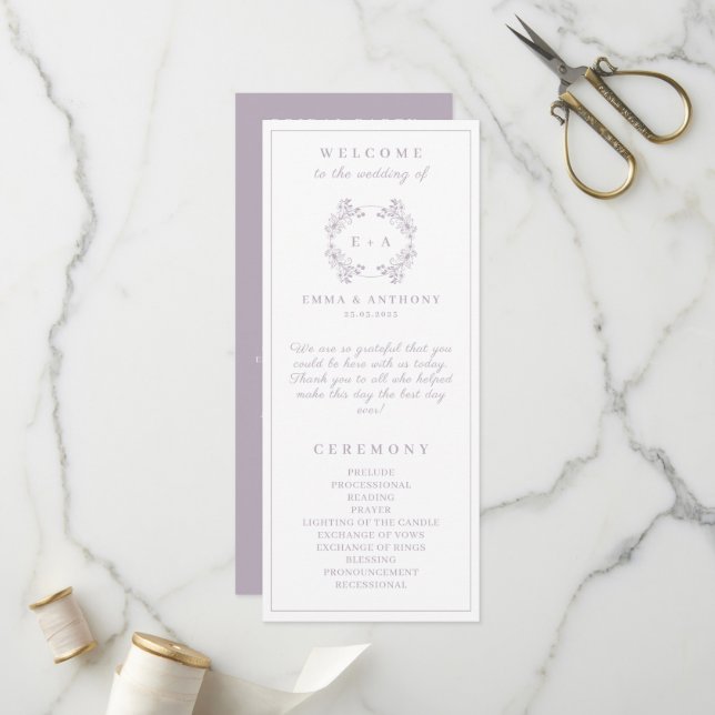 Formal Vintage Lavender Monogram Wedding Program (Front/Back In Situ)