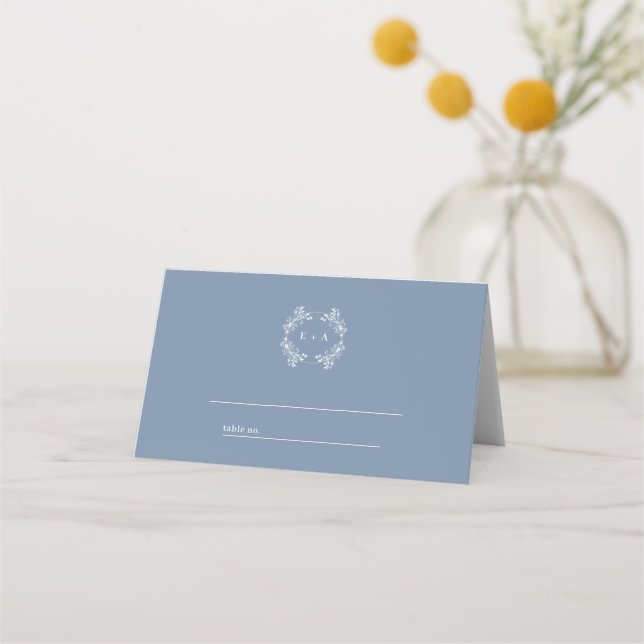 Formal Vintage Periwinkle Monogram Wedding Place Card (Front)