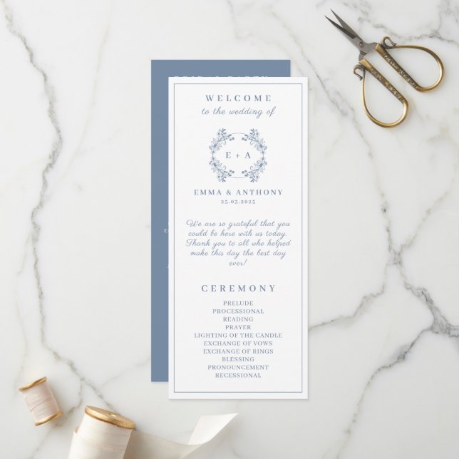 Formal Vintage Periwinkle Monogram Wedding Program (Front/Back In Situ)