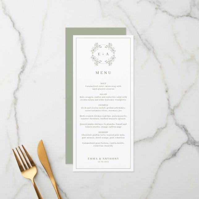 Formal Vintage Sage Green Monogram Wedding Menu (Front/Back In Situ)