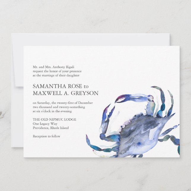Formal Watercolor Coastal Crab Wedding Invitation (Front)