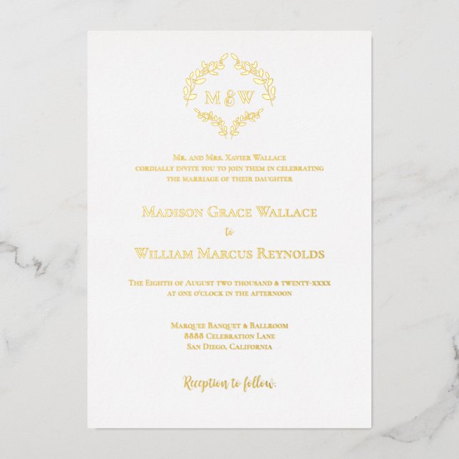 Formal Wedding Elegant Wreath Monogram Gold Foil  (Front)