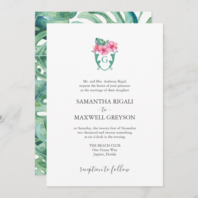 Formal Wedding Invitations Tropical Botanicals (Front/Back)
