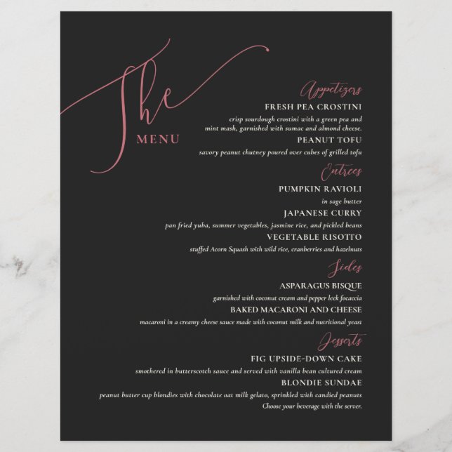 Formal Wedding Menu Elegant Black Magenta (Front)
