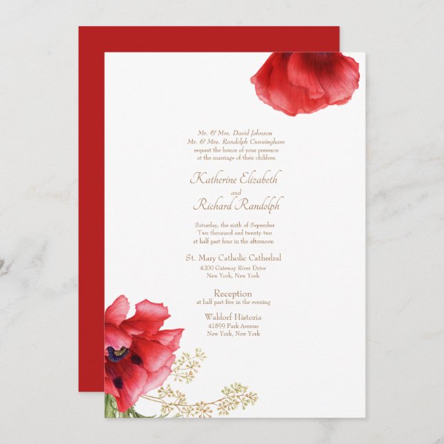 Formal Wedding Red Floral & Gold Invitation (Front/Back)