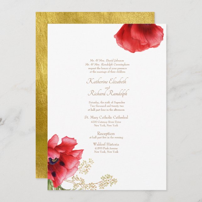 Formal Wedding Red Floral & Metallic Gold  Invitation (Front/Back)