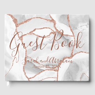 Formal White Agate Rose Gold Glitter Wedding Guest Book