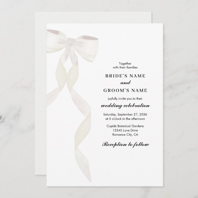 Formal White Bow Ribbon Elegant Wedding Invitation (Front/Back)