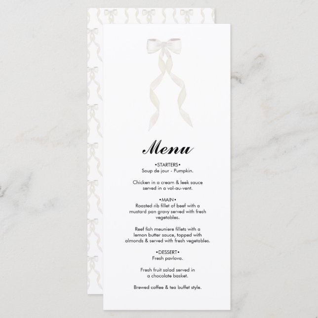 Formal White Bow Ribbon Elegant Wedding Menu (Front/Back)