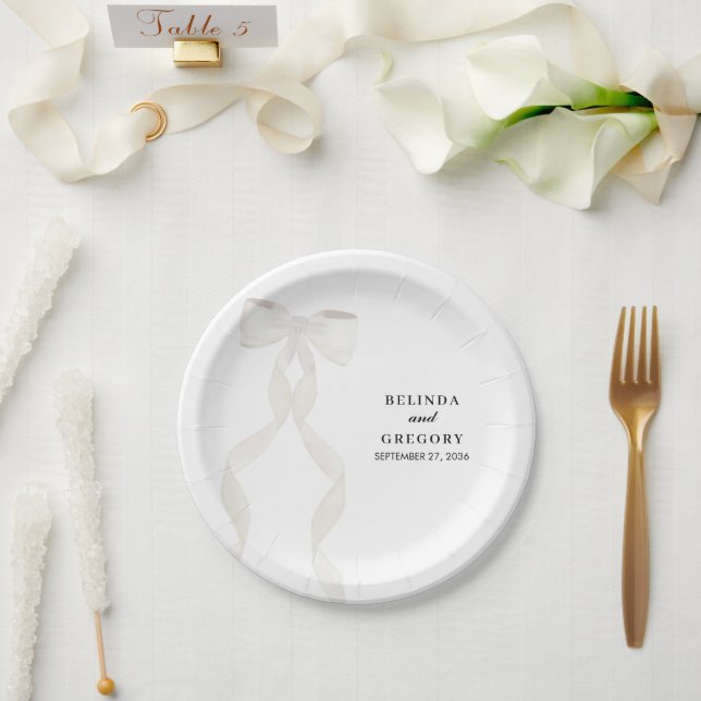 Formal White Bow Ribbon Elegant Wedding Paper Plate (Wedding)