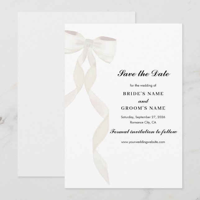 Formal White Bow Ribbon Elegant Wedding Save The Date (Front/Back)