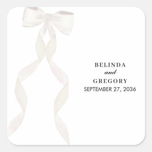 Formal White Bow Ribbon Elegant Wedding Square Sticker (Front)