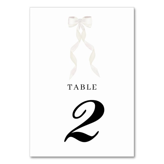 Formal White Bow Ribbon Elegant Wedding Table Number (Front)