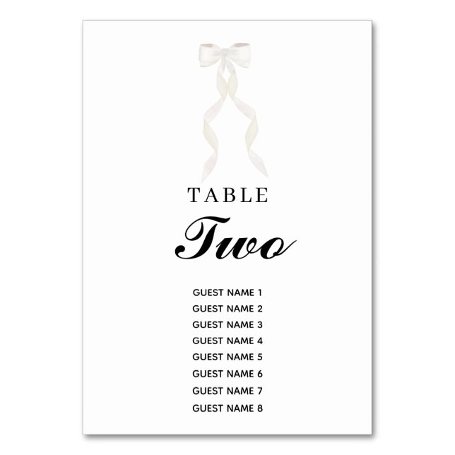 Formal White Bow Ribbon Elegant Wedding Table Number (Front)