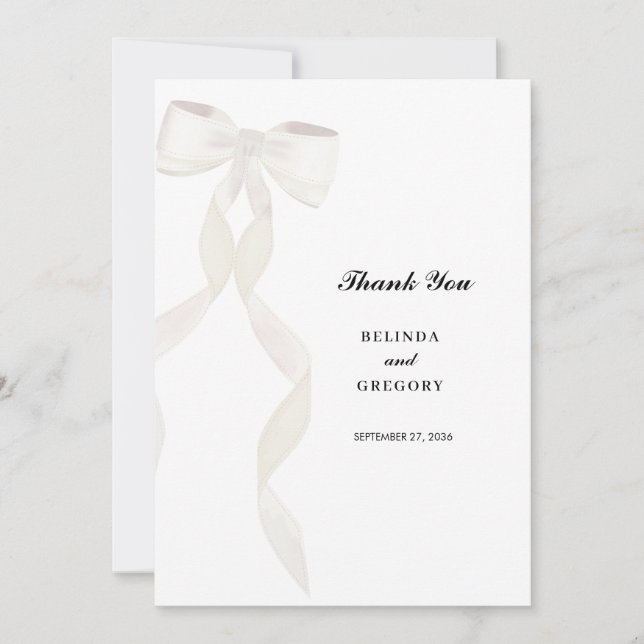 Formal White Bow Ribbon Elegant Wedding Thank You Card (Front)