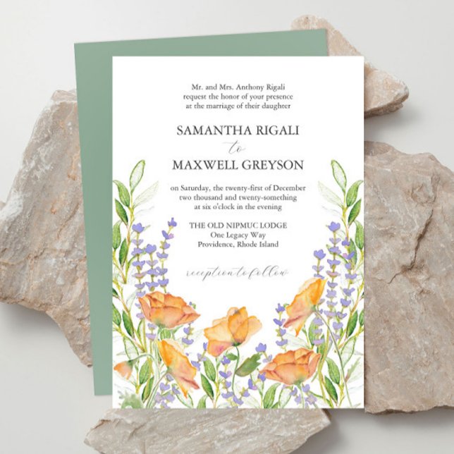 Formal Wildflower Wedding Theme Watercolor Invitation (Fairytale wedding invitations package features watercolor orange and lavender florals)