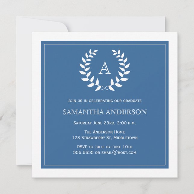 Formal Wreath Graduation Invitation - Blue (Front)