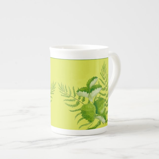 Forms in Green on a Bone China Mug (Front Right)