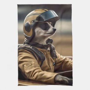 Formula Fun: Professional Meerkat Race Car Driver Tea Towel