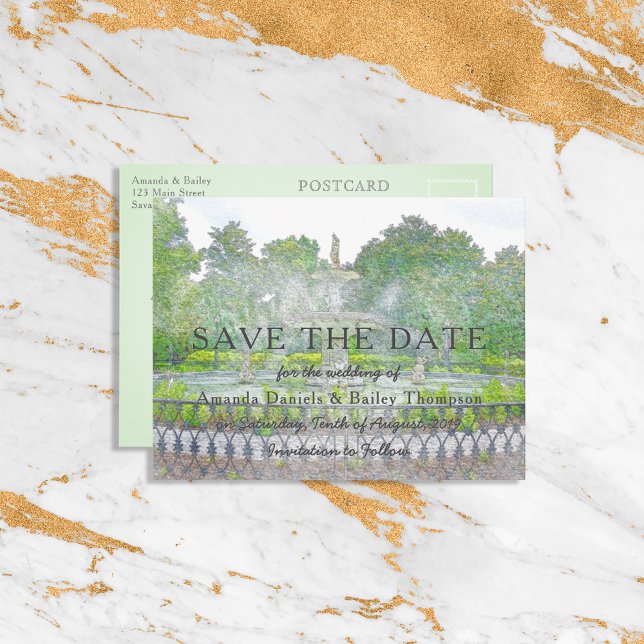 Forsyth Fountain Watercolor Savannah Save the Date Postcard (Creator Uploaded)