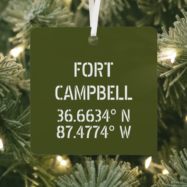 Fort Campbell Latitude Longitude Personalised Metal Tree Decoration (Insitu)