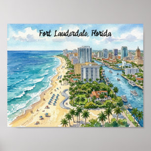 Fort Lauderdale Florida Watercolor Illustration Poster